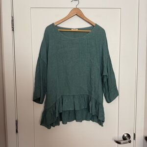 Puro Lino Oversized Top Tunic Green Linen Layers Made In Italy Lagenlook Boho